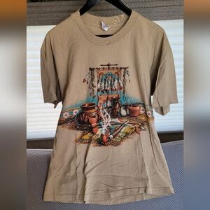 Tan Graphic T-Shirt with Native American Art L